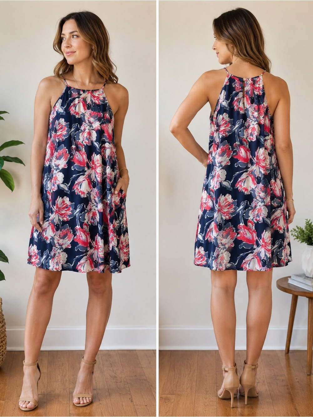 NWT Tyche Floral Halter Dress | Navy Pink White | super cute | Large | Boutique
